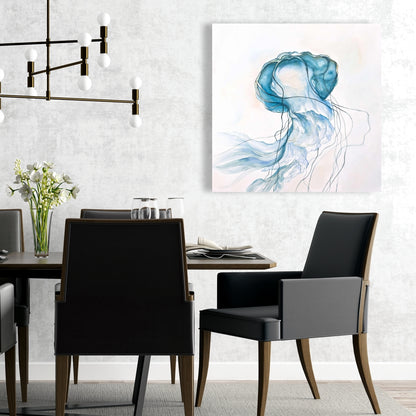 Toile représentant une méduse en mouvement – Décoration murale aquatique bleue pour chambre à coucher