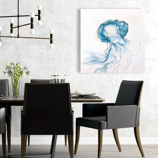 Toile représentant une méduse en mouvement – Décoration murale aquatique bleue pour chambre à coucher