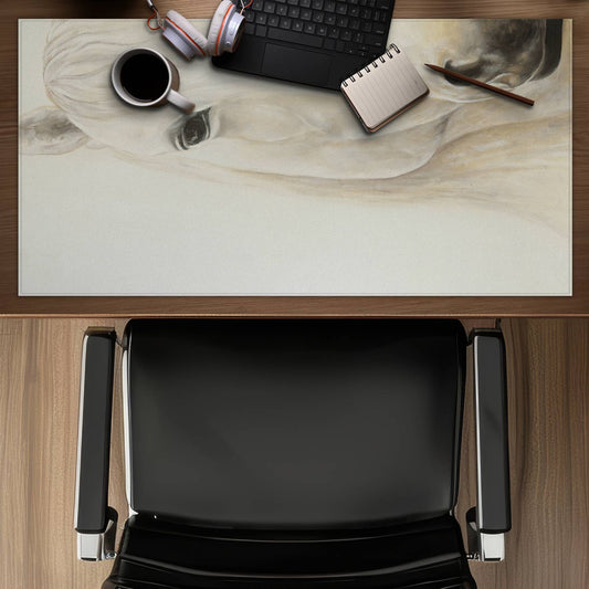 White Bedroom Desk Mat - Half Portrait of a Smiling Horse Decor