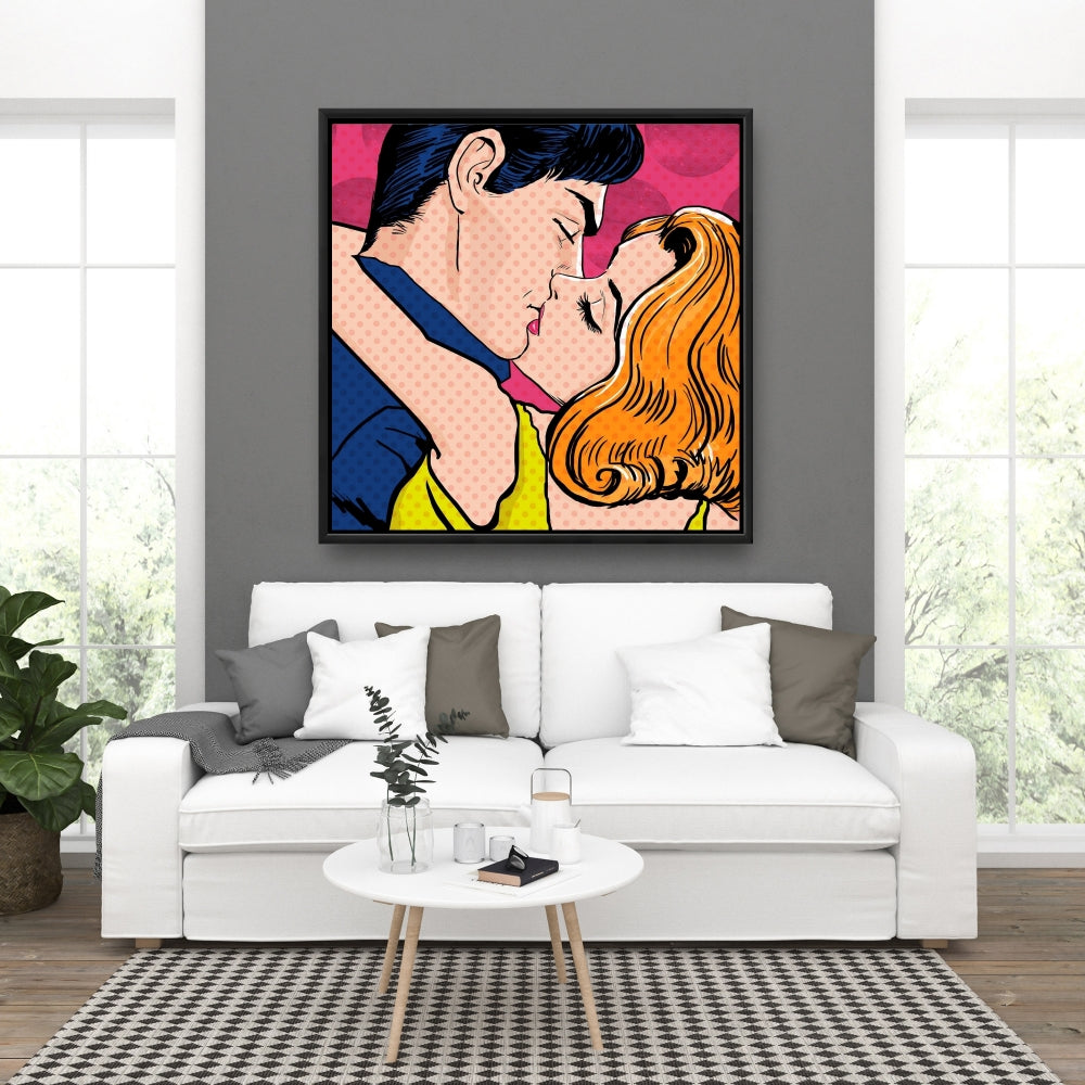 Toile de couple style Pop Art | Figurine de femme encadrée bleue