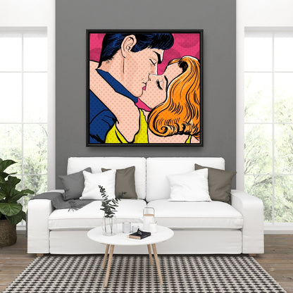 Toile de couple style Pop Art | Figurine de femme encadrée bleue