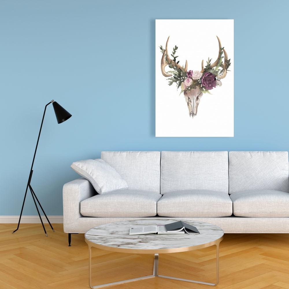 Rustic Deer Skull with Flowers Canvas - Animal Bedroom Decor