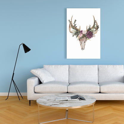 Rustic Deer Skull with Flowers Canvas - Animal Bedroom Decor