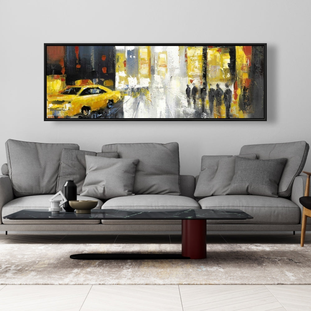 Toile encadrée grise contemporaine - Décoration de rue pluvieuse et animée