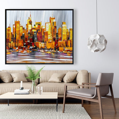 Orange Buildings Framed Canvas | Modern Bedroom Wall Decor
