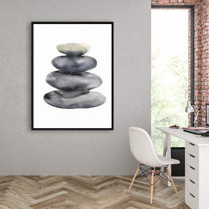 Toile encadrée grise - Nature morte avec quatre pierres chaudes et minéraux
