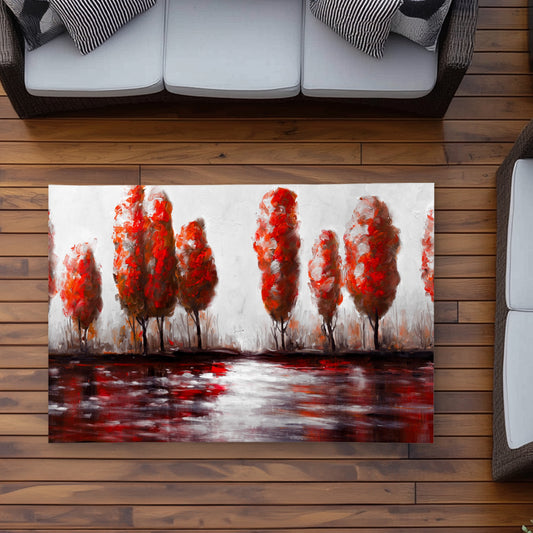 Red Trees by the Lake - Contemporary Red Outdoor Area Rug