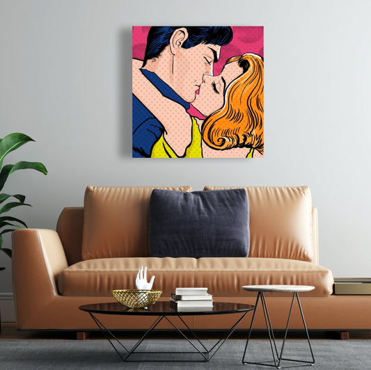 Toile rétro bleue style Pop Art pour couple | Décoration d'intérieur pour femme