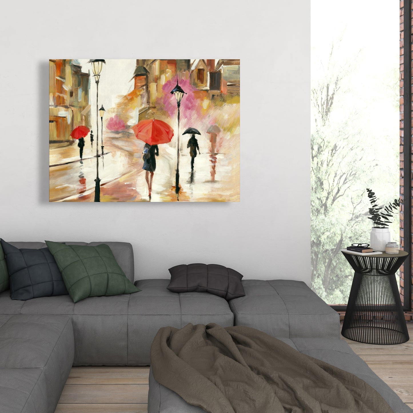 Red Contemporary Canvas - Passersby under Umbrellas Artwork