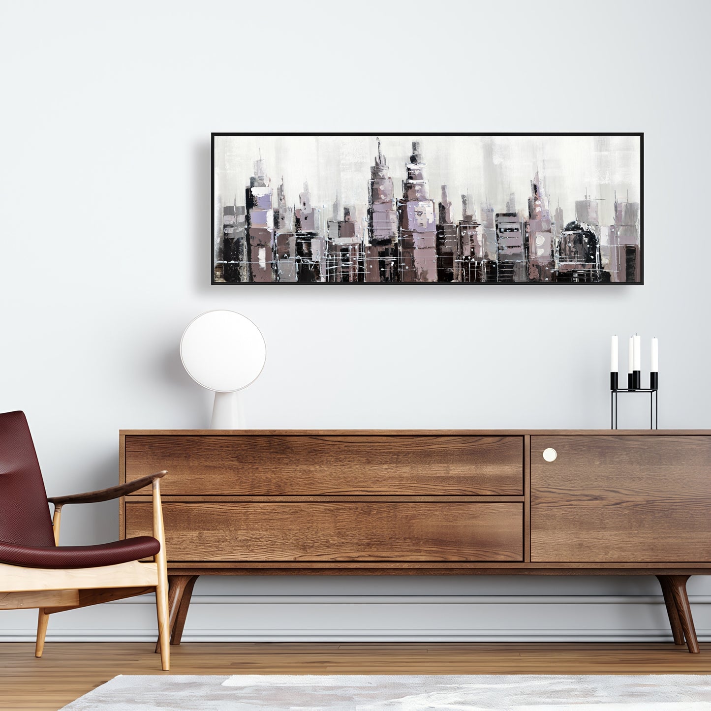 Toile abstraite représentant un paysage urbain en niveaux de gris – Décoration de chambre moderne