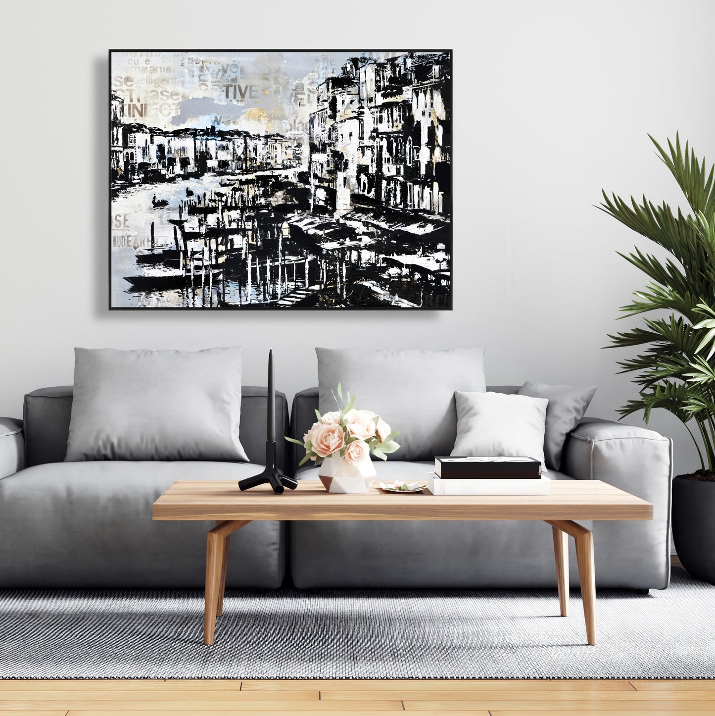 Décoration de chambre côtière | Toile abstraite bleue représentant le port de Venise