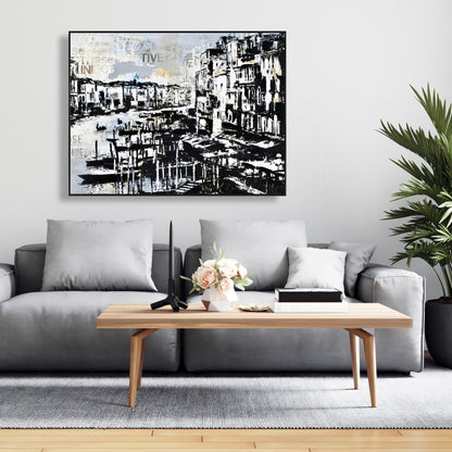 Décoration de chambre côtière | Toile abstraite bleue représentant le port de Venise