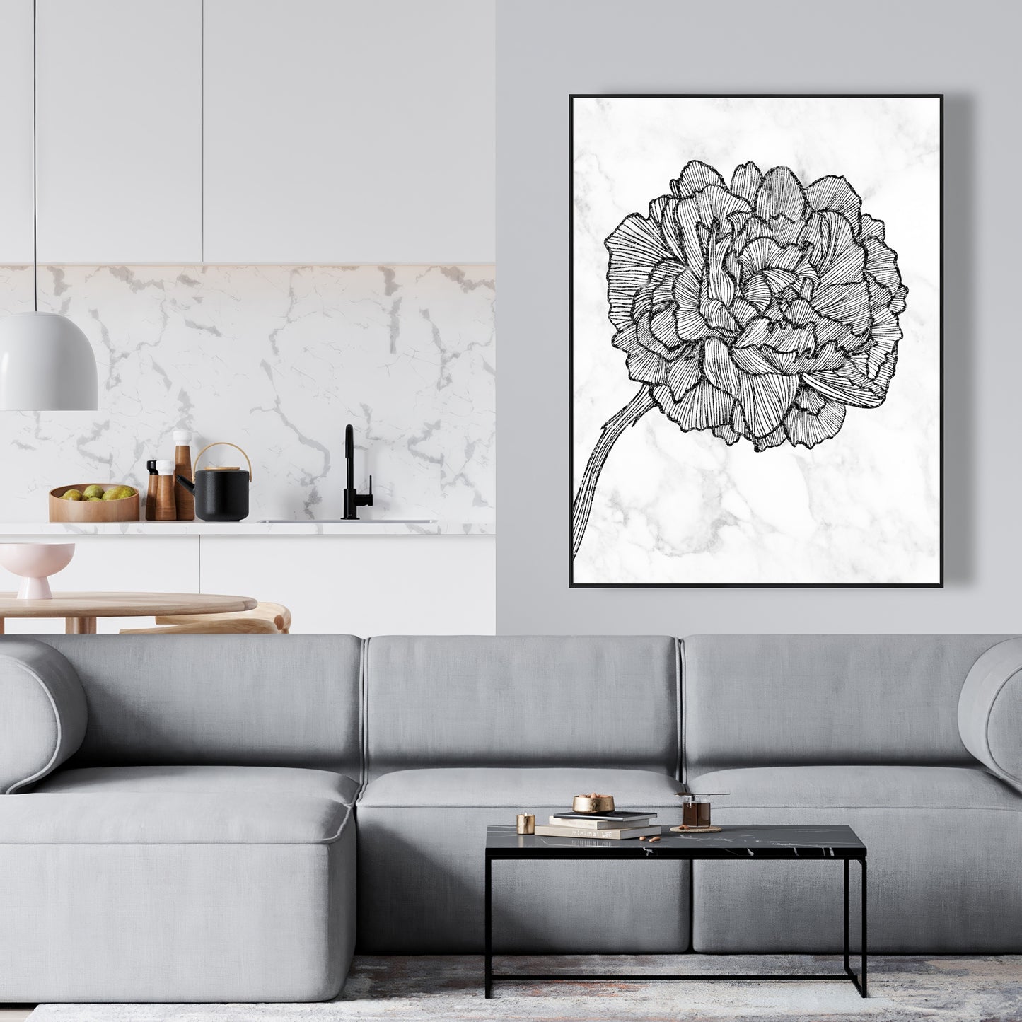 Toile florale pivoine lumineuse - Cadre blanc monochrome