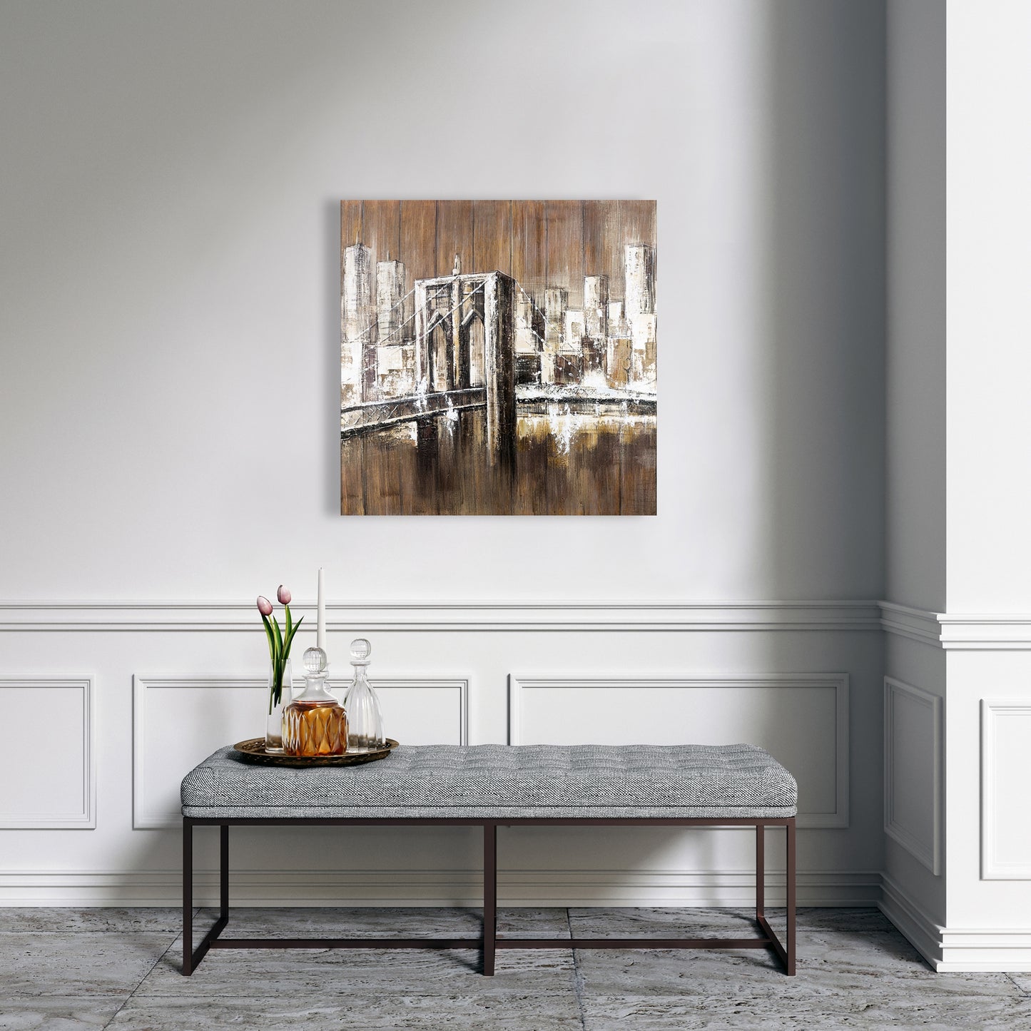 Aged Finish Brooklyn Bridge Canvas | Bedroom Decor - Brown