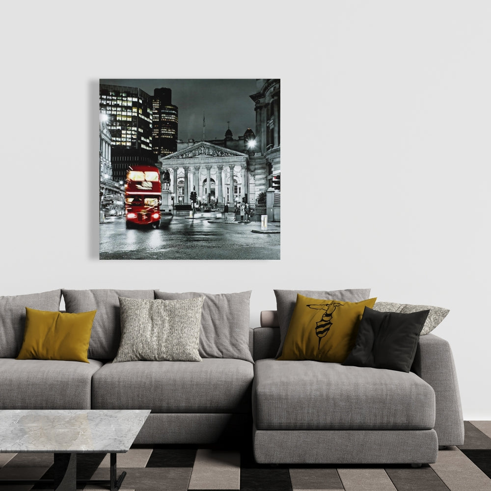 Toile de chambre à coucher « Bâtiment gris » | Panthéon en niveaux de gris, décor de bus rouge