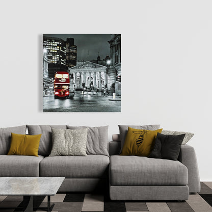 Toile de chambre à coucher « Bâtiment gris » | Panthéon en niveaux de gris, décor de bus rouge