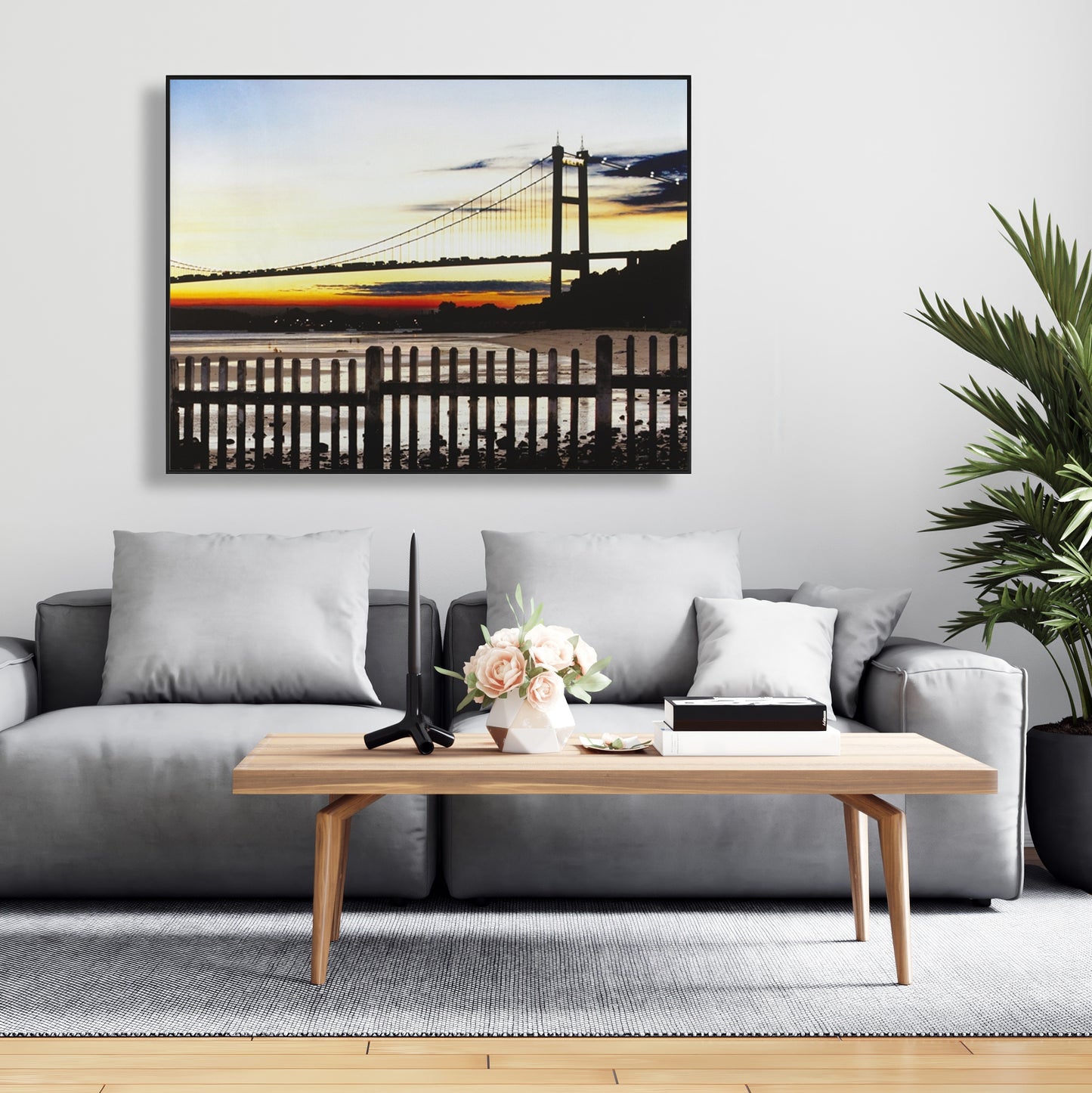 Toile encadrée « Pont au coucher du soleil » – Décoration murale bleue pour chambre à coucher