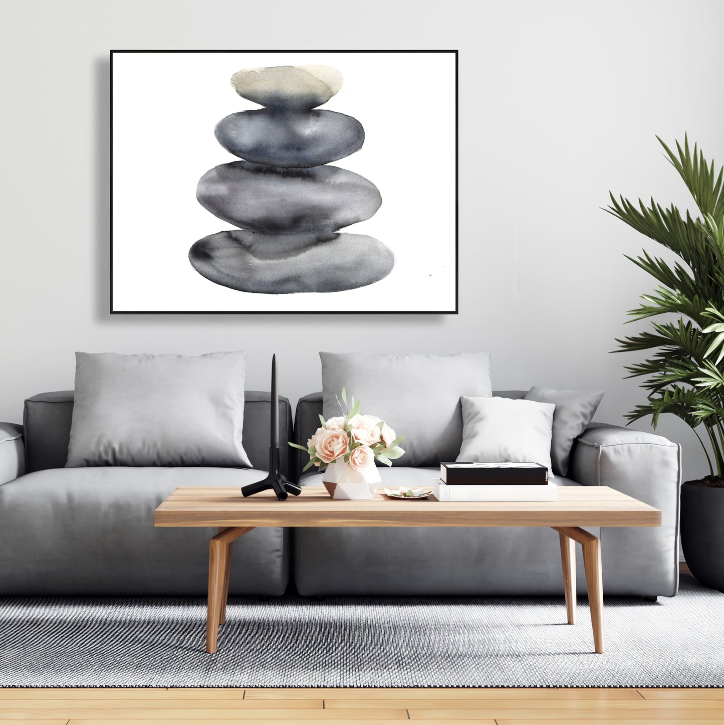 Toile encadrée grise - Nature morte avec quatre pierres chaudes et minéraux
