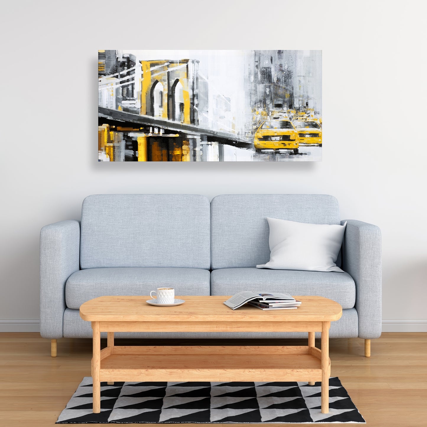 Toile Pont de Brooklyn jaune avec taxis - Décor gris industriel