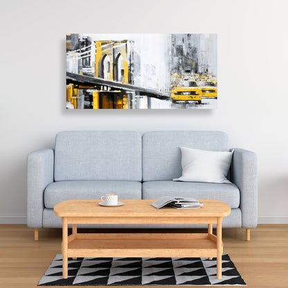 Toile Pont de Brooklyn jaune avec taxis - Décor gris industriel