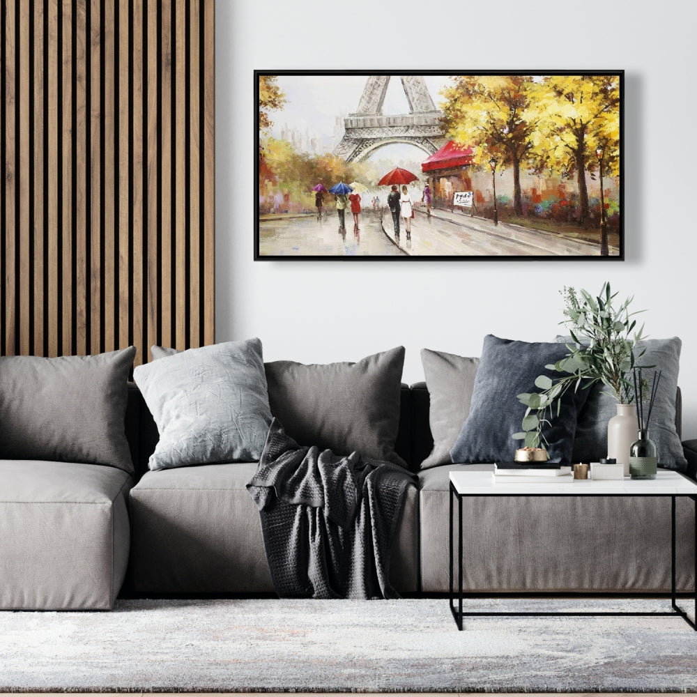 Toile encadrée Arbres jaunes – Décor de passants près de la Tour Eiffel