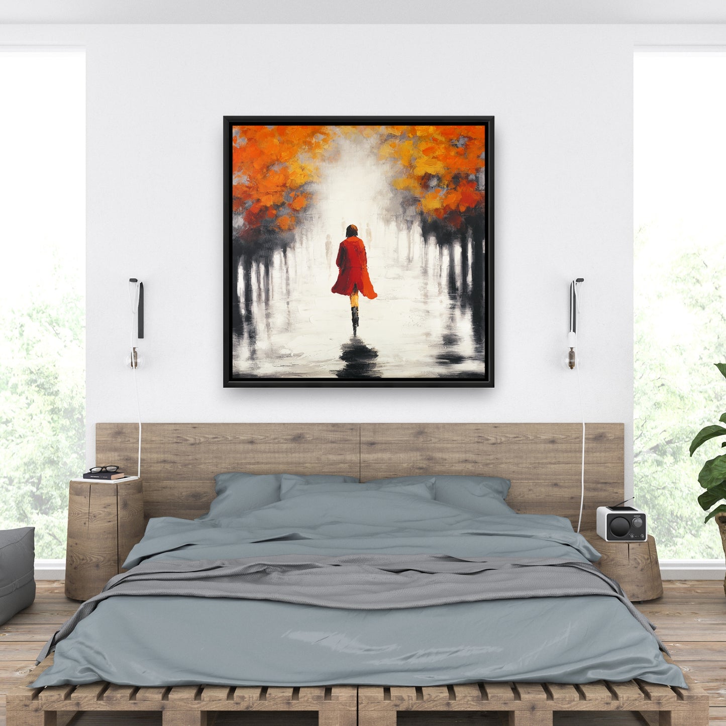 Toile Paysages gris et arbres | Décoration murale Femme en manteau rouge