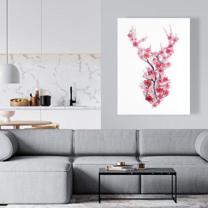 Toile de cerf rose asiatique – Décoration murale avec cerf et cerisiers en fleurs