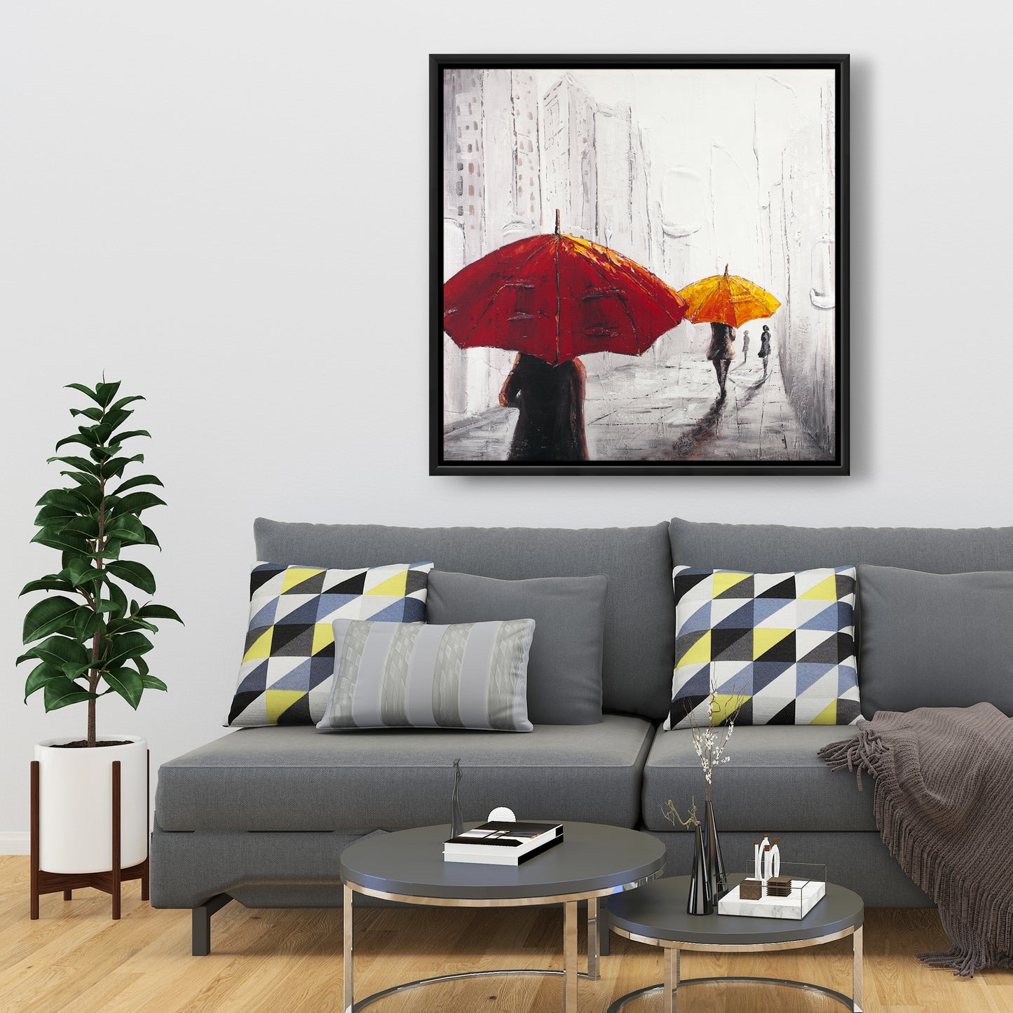 Toile encadrée grise contemporaine pour chambre à coucher – Passants avec parapluies