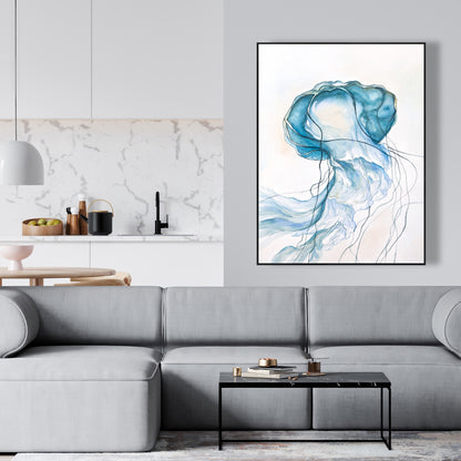Toile encadrée bleue représentant une méduse en mouvement | Décoration de chambre animalière