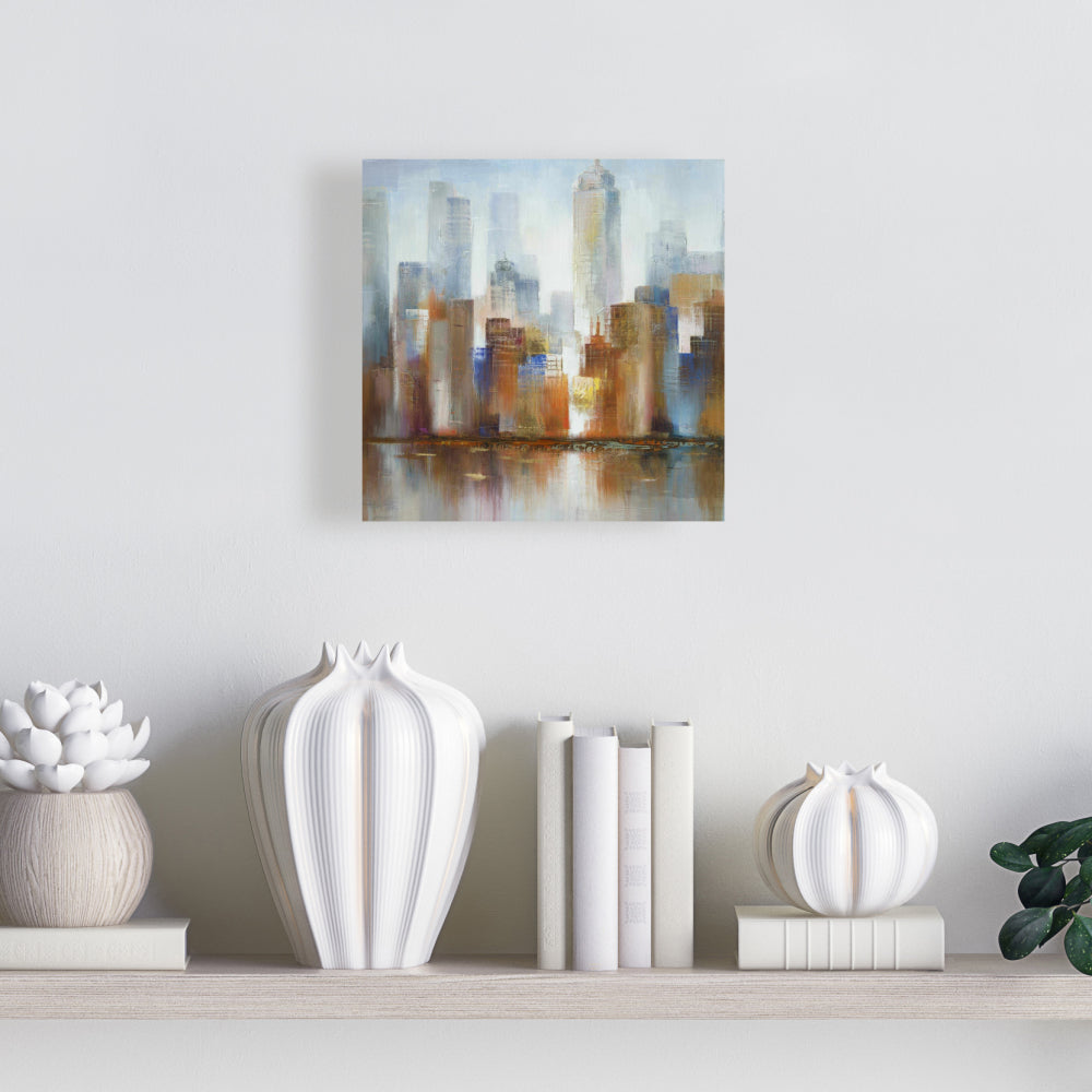 Paysage urbain dans le brouillard sur toile bleue | Décoration d'intérieur moderne