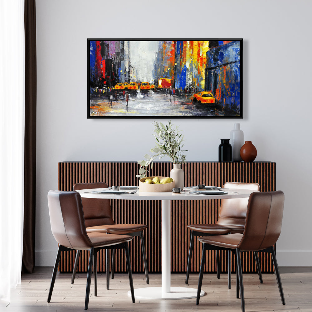 Blue Building Bedroom Canvas | Color Spotted Street with Taxis