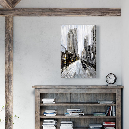 Gray Gloomy Street Canvas | Contemporary Brown Building Art