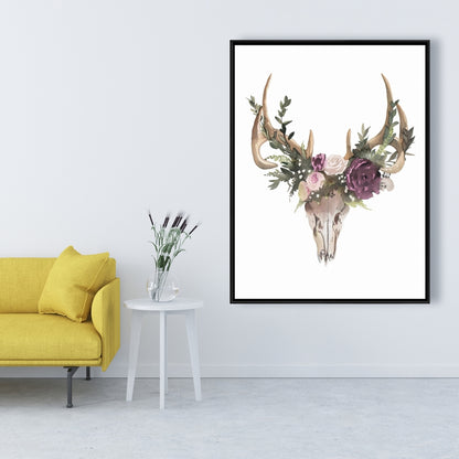 Rustic Deer Skull with Flowers Canvas | Bedroom Wall Decor