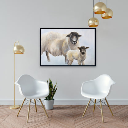Toile Mouton et bébé | Art animalier de la ferme bleue | Décoration d'intérieur
