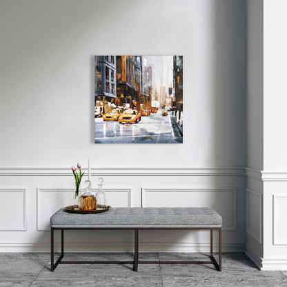 Big City Street Canvas with Yellow Taxi - Brown Bedroom Decor