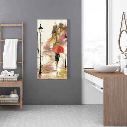 Red Contemporary Canvas - Passersby under Umbrellas Artwork