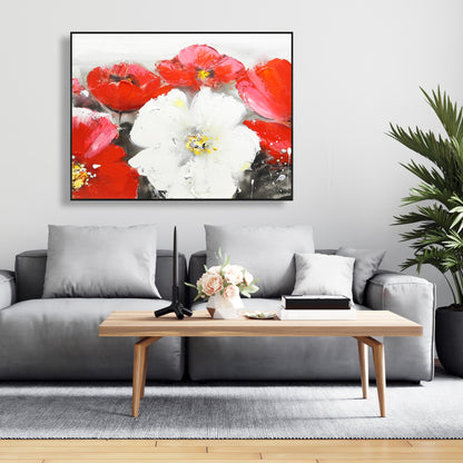 White Contemporary Framed Canvas | Red and White Flowers Field