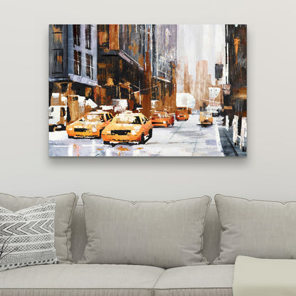 Big City Street Canvas with Yellow Taxi - Brown Bedroom Decor