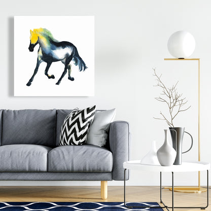Cheval au galop, animaux de la ferme, toile bleue | Décoration d'intérieur