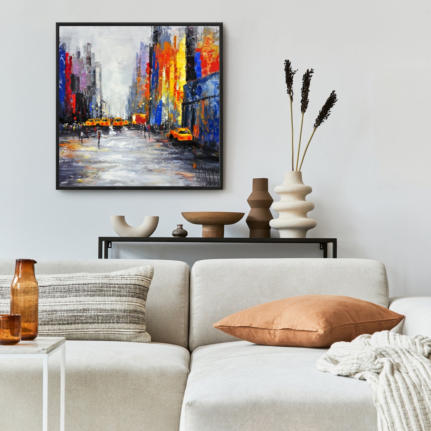 Blue Building Bedroom Canvas | Color Spotted Street with Taxis