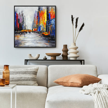 Blue Building Bedroom Canvas | Color Spotted Street with Taxis