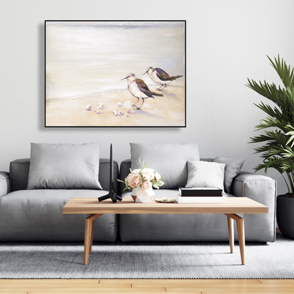 Deux bécasseaux sur la plage | Toile encadrée grise marine