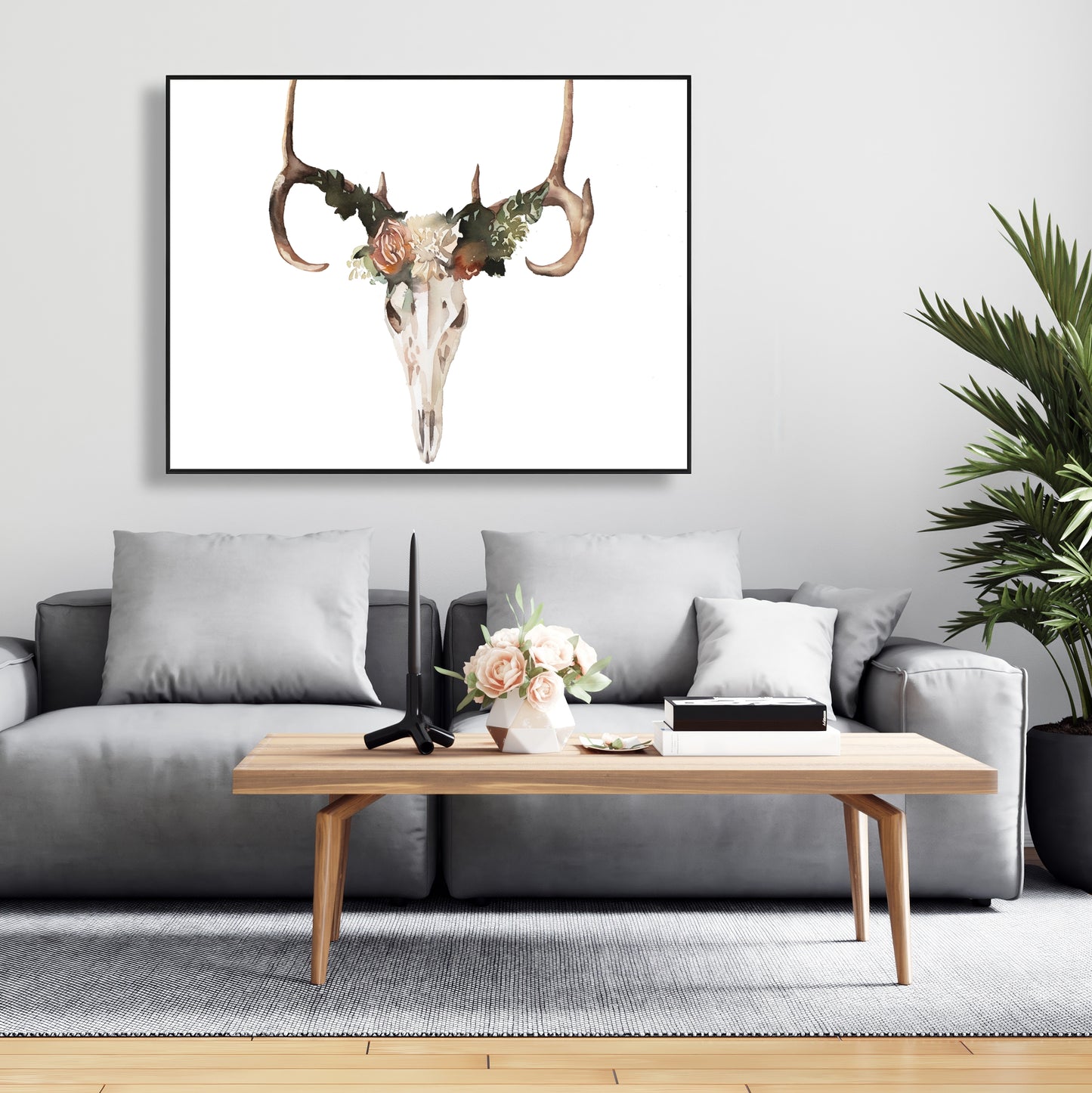 Toile « Crâne de cerf avec roses » | Décoration murale rustique pour chambre