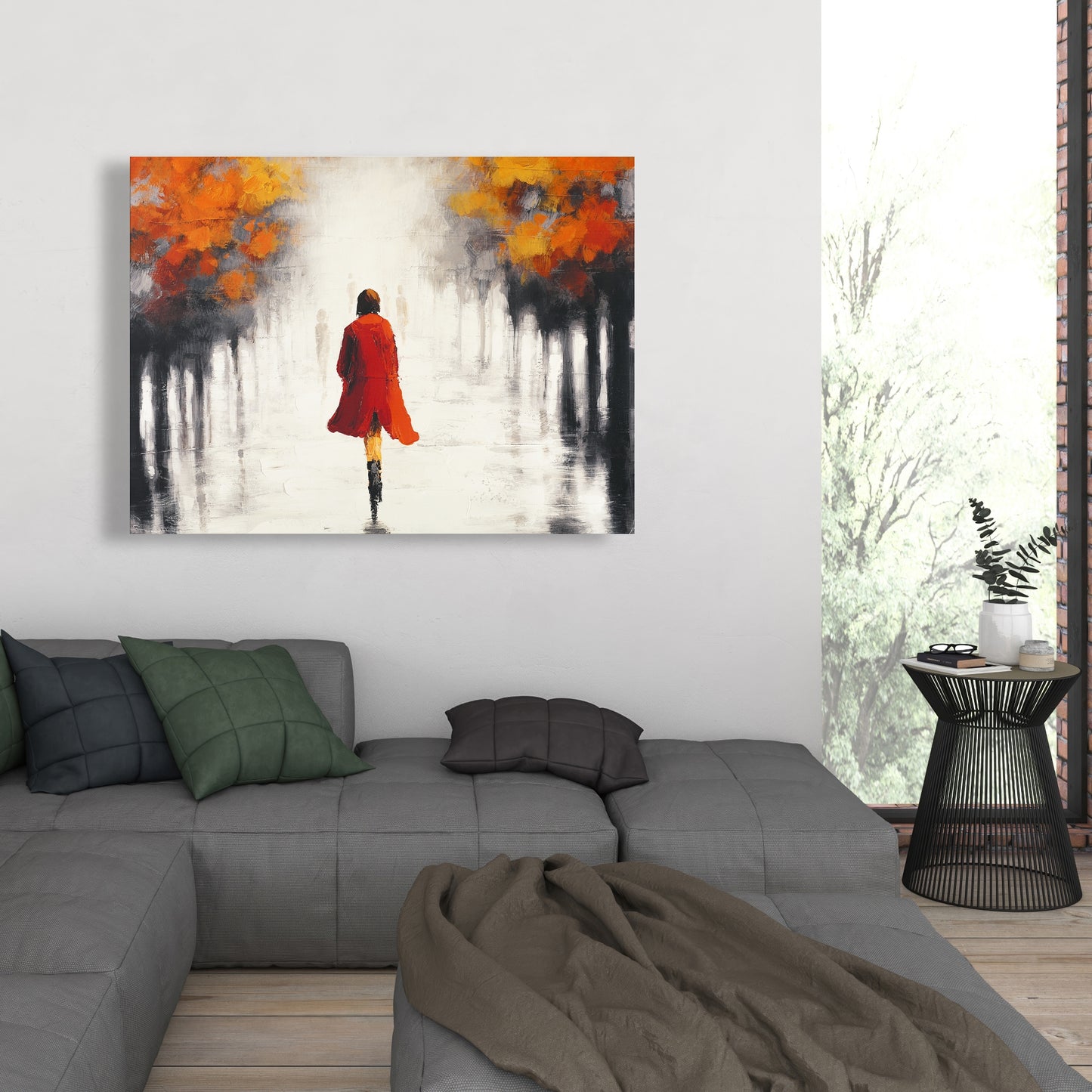 Contemporary Gray Trees Canvas - Woman in Red Coat Home Decor