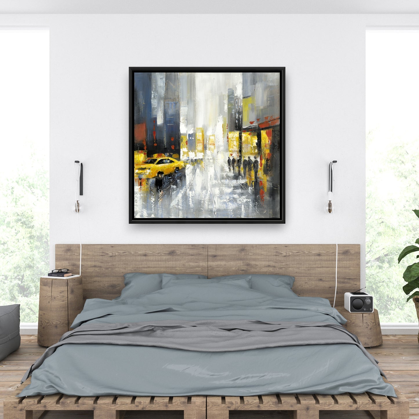 Toile encadrée grise contemporaine - Décoration de rue pluvieuse et animée