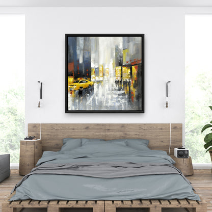 Toile encadrée grise contemporaine - Décoration de rue pluvieuse et animée