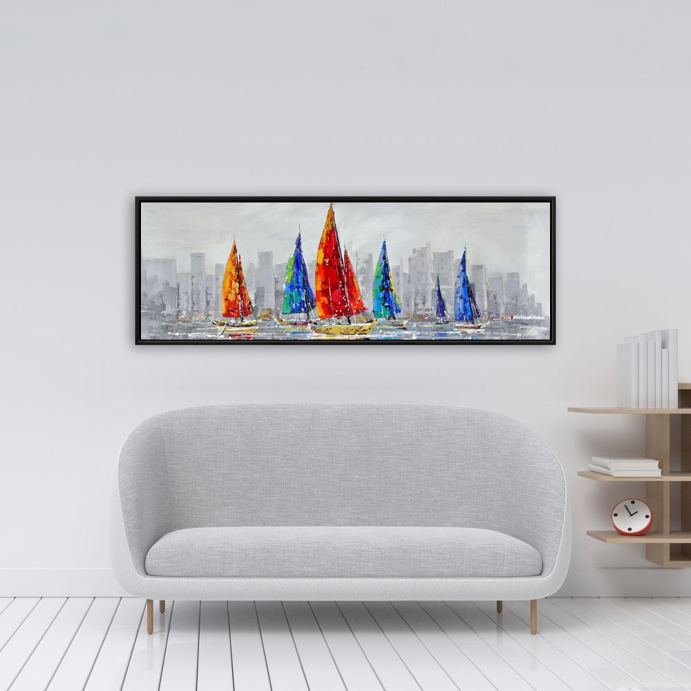 Toile Bateaux colorés | Décoration contemporaine avec cadre bleu