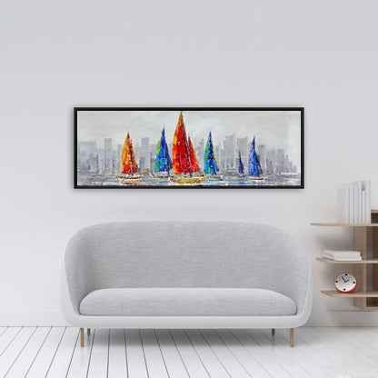 Toile Bateaux colorés | Décoration contemporaine avec cadre bleu