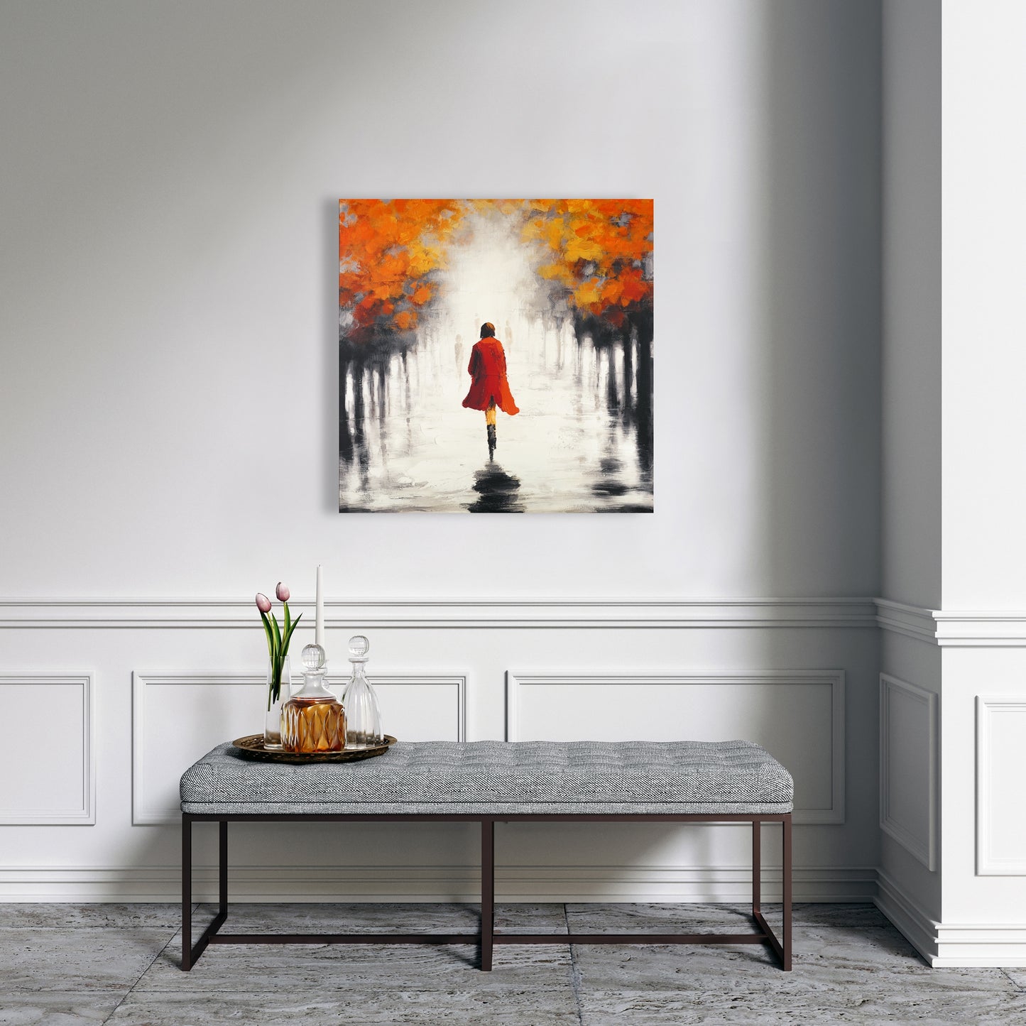 Contemporary Gray Trees Canvas - Woman in Red Coat Home Decor