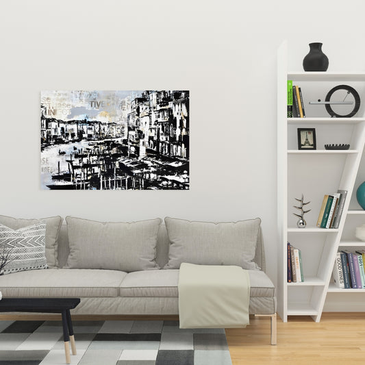 Abstract Venise Port Canvas - Blue Boat Bedroom Wall Art